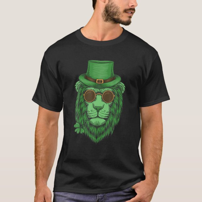 T-shirt Lion Leprechaun Casquette Shamrock Jour de la Sain (Devant)