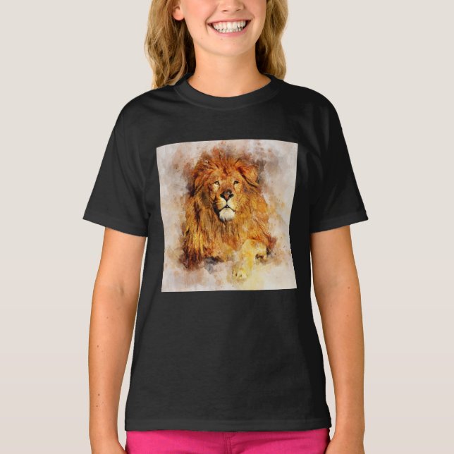 T-shirt Lion mâle avec grand portrait d'aquarelle de manne (Devant)