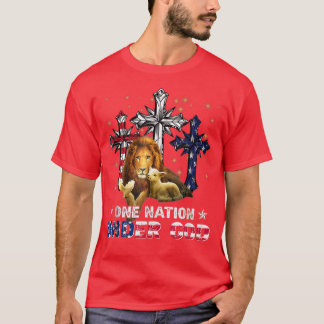 T-shirt Lion One Nation Under God Cross American Flag 4e