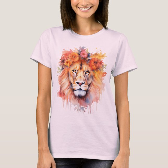 T-shirt Lion Pastel Fleurs Safari Aquarelle Savannah Chat (Devant)