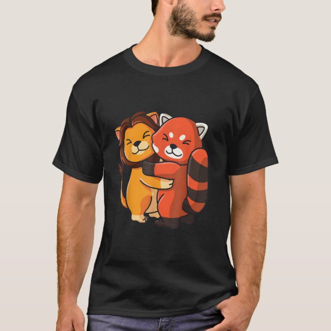 T-shirt Lion Red Panda Hugging Kawaii Animal (Devant)