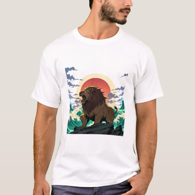 T-shirt Lion Wave Art - Ukiyo-e Sunset Design (Devant)