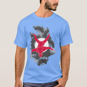 T-shirt Liquide rouge avec soleil et nuages gris