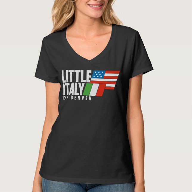 T-shirt Little Italy of Denver 80s Retro BLACK V Neck (Devant)