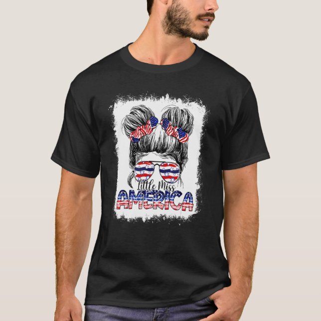 T-shirt Little Miss America Messy Bun Girl Usa Drapeau 4èm (Devant)