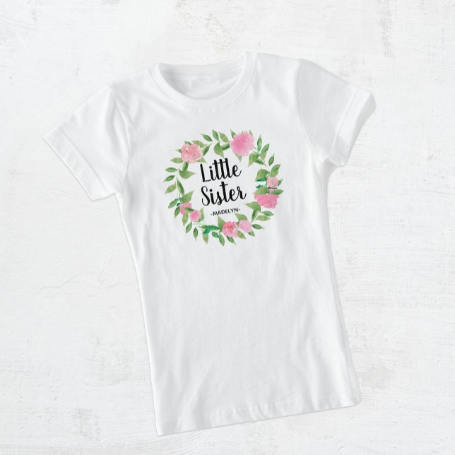T-Shirt Little Sister Watercolor Fleur Wreath avec nom (Créateur téléchargé)