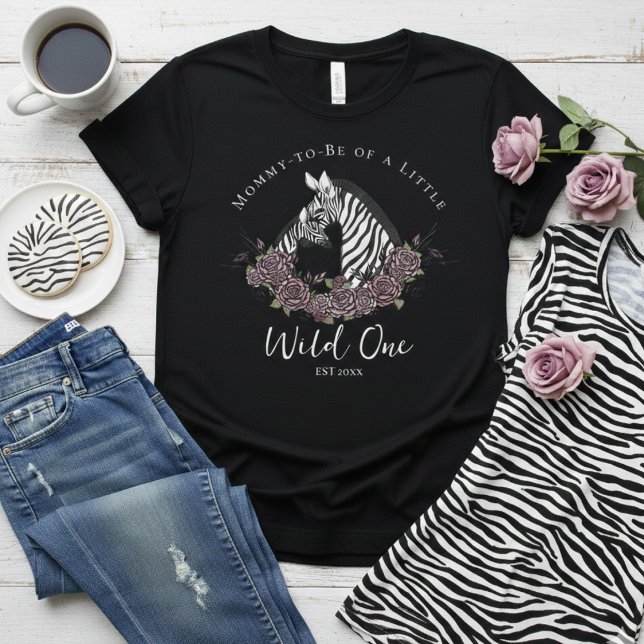 T-shirt Little Wild One Zebra Safari Baby Shower Mommy (Mommy to Be of a little Wild One Tshirt for Mother to be. Moody Floral Zebra Mom & cute Baby for Her)