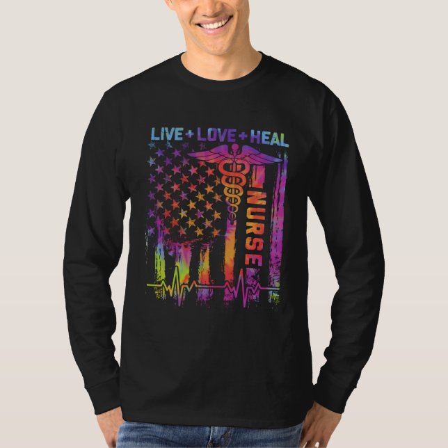 T-shirt Live Love Heal American US Flag Heartbeat Nurse Da (Devant)