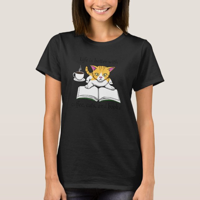 T-shirt Livre Confortable Lecture Café Et Chats (Devant)