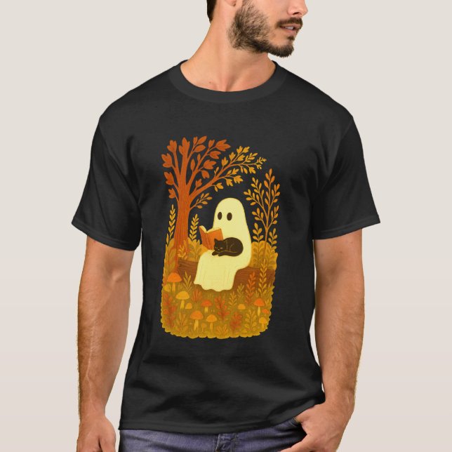 T-shirt Livre de lecture de fantôme avec un chat Tee Autom (Devant)