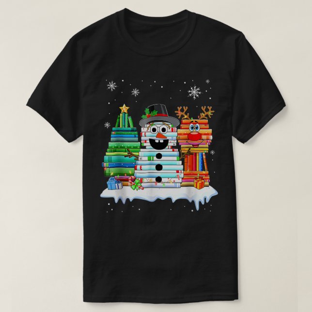 T-shirt Livre de sapin de Noël de bonhomme de neige de ren (Design devant)