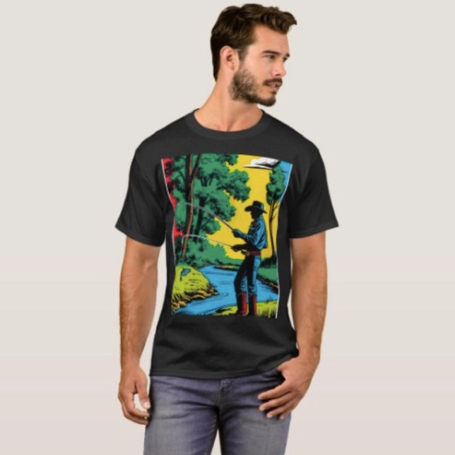 T-shirt Lizard Leaves & Couleur ( Retro Cowboy Fishing Riverside Scene T-Shirt for Men Aesthetic Custom Black Tee
)