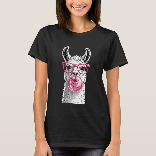 T-shirt Llama Alpacas Wearing Glasses and Blowing Pink Bub (Devant)