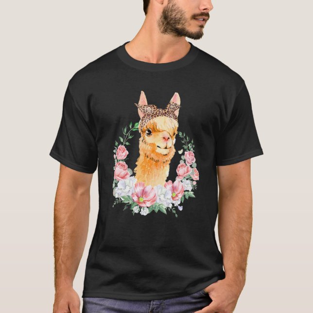T-shirt Llama avec bandeau léopard Boho Fleur mignonne Lla (Devant)