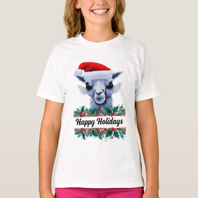 T-shirt Llama Avec Chapeau Au Père Noël Et Texte (Devant)
