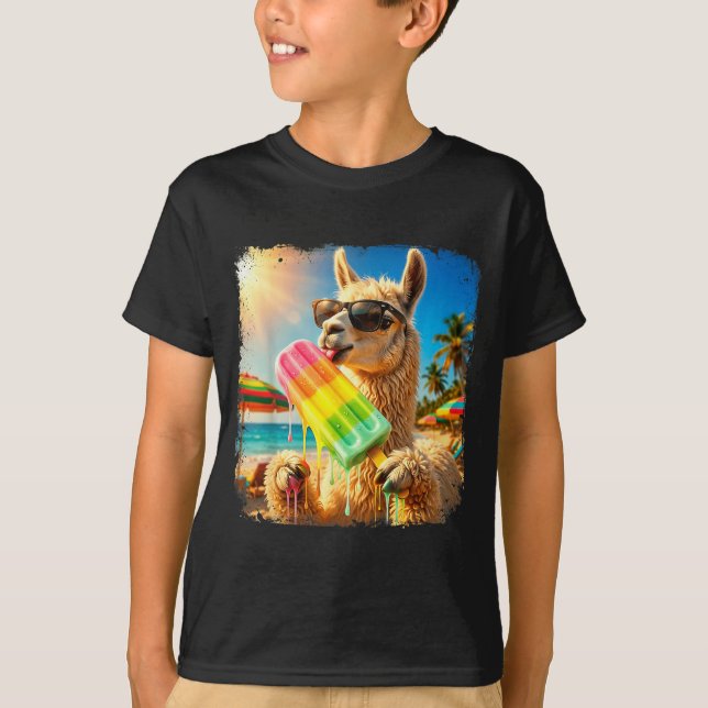 T-shirt Llama drôle mangeant une sucette glacée d'été plag (Devant)