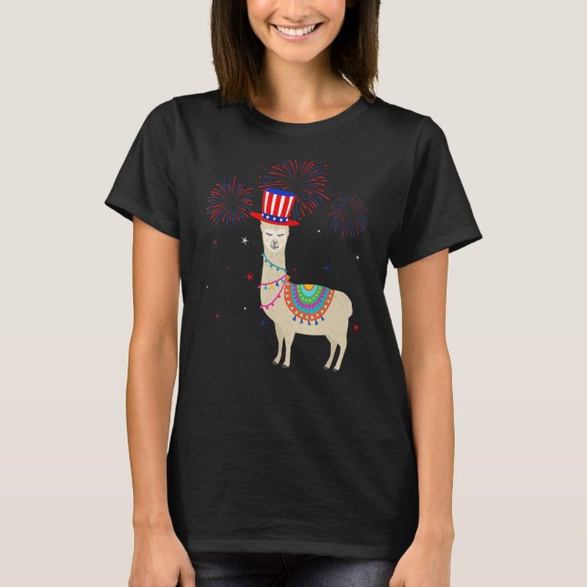 T-shirt Llama Graphic Rouge Blanc Bleu Décor Feu d'artific (Devant)