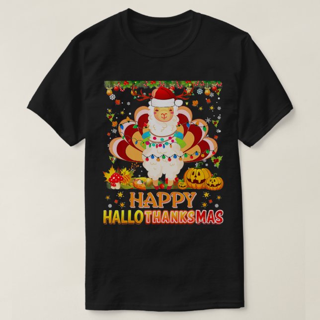 T-shirt Llama Hallothanksmas Halloween Thanksgiving (Design devant)