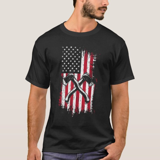 T-shirt Logger Lumberjack American Flag Ax Jetant Hatch (Devant)