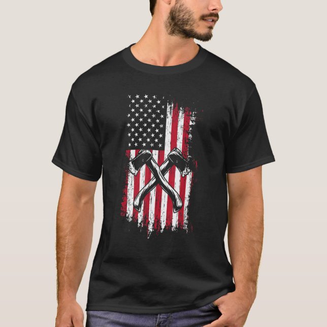 T-shirt Logger Lumberjack American Flag Ax Jetant Hatch (Devant)