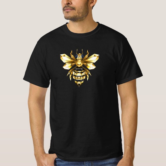 T-shirt Logo Faux Gold Foil Bee Polygonal sur Noir (Devant)