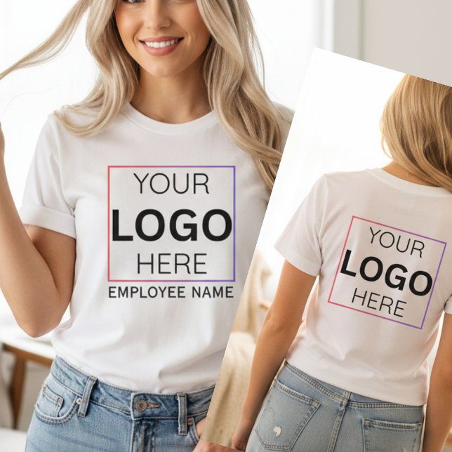 T-shirt Logo personnalisé avec le nom de l'employé | Perso (Custom Business Logo Name Back Print T-Shirt Staff Member Uniform)
