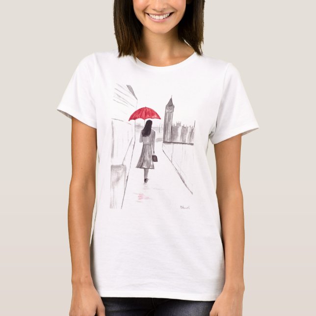 T-shirt Londres fille avec parapluie rouge Londres Anglete (Devant)