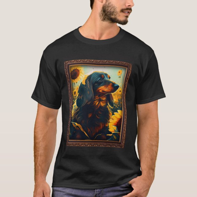 T-shirt Long Haired Dachshund Peinture Tournesol Fleur Mo (Devant)