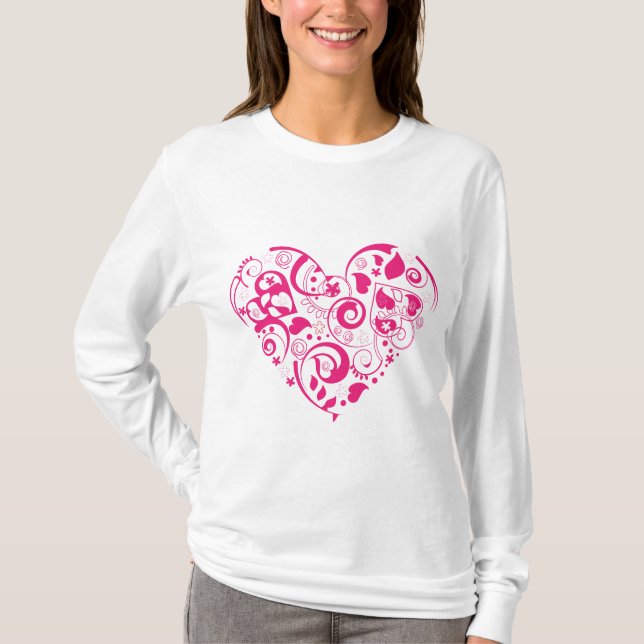 T-shirt Longue chemise de douille de dames avec le coeur (Devant)