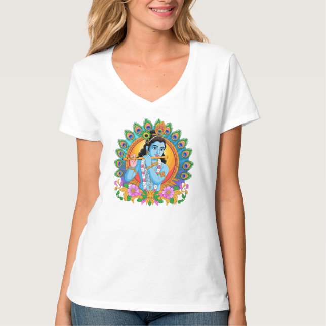 T-shirt Lord Krishna Playing Flute with Peacock Feathers (Devant)