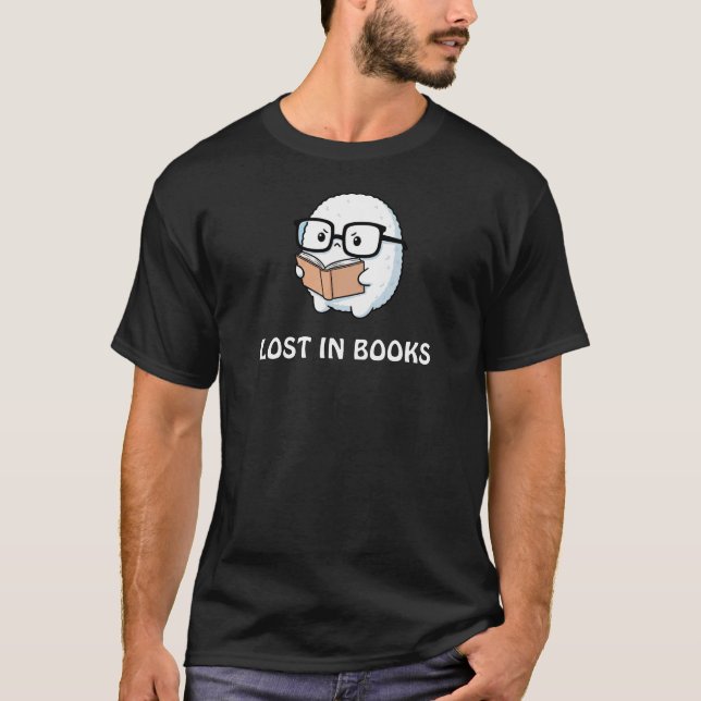 T-shirt Lost in Books – Cute Fluffy Character (Devant)