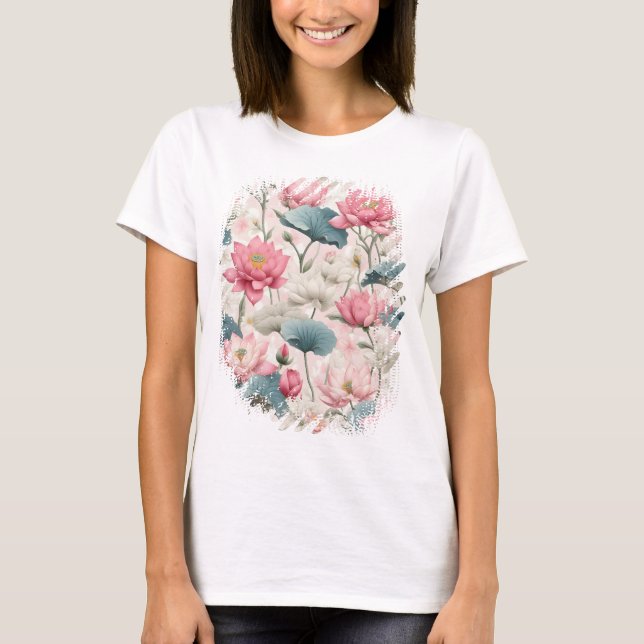 T-shirt Lotus romantique en rose, crème et vert tendre (Devant)