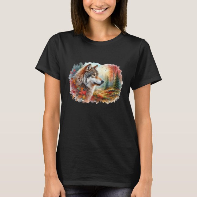 T-shirt Loup à l'aquarelle dans la forêt (Devant)