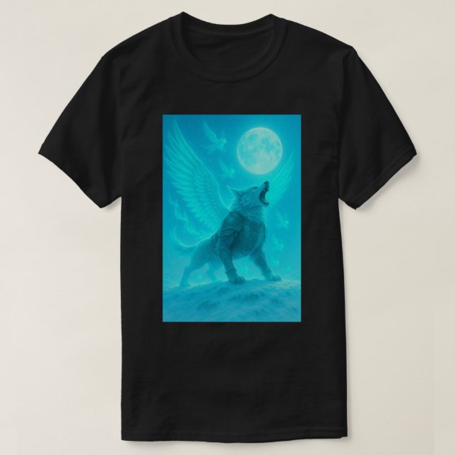T-shirt Loup ailé mystique hurlant à la lune (Design devant)