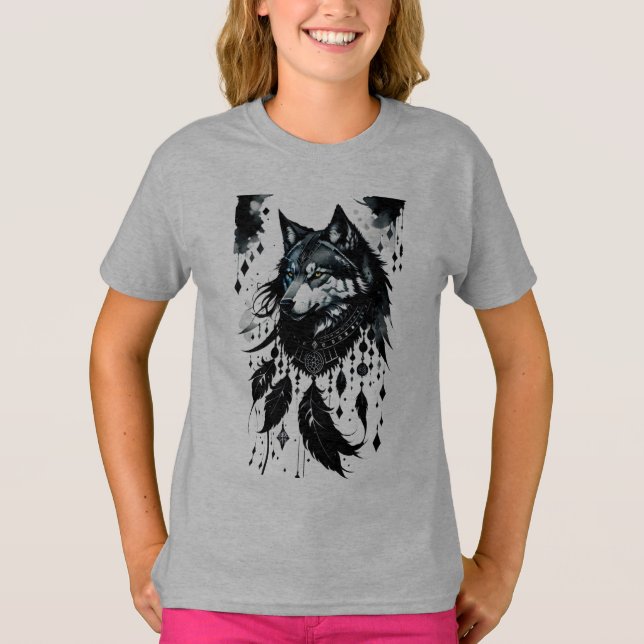 T-shirt loup, attrapeur de rêves, amulet, talisman, protec (Devant)