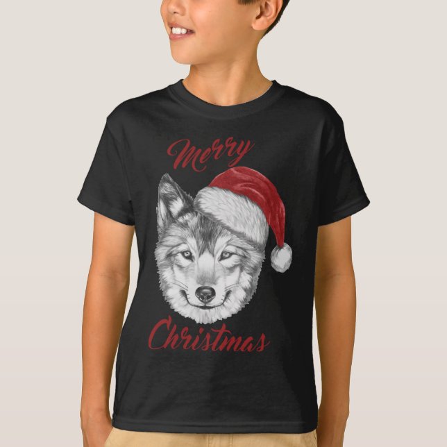 T-shirt Loup de Noël drôle avec chapeau de Père Noël (Devant)