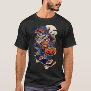 T-shirt Loup de skateboard cool portant une citrouille d'H