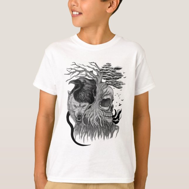 T-shirt Loup et corbeau avec crâne (Devant)