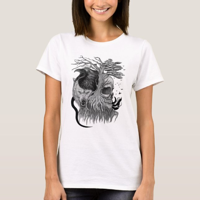 T-shirt Loup et corbeau avec crâne (Devant)