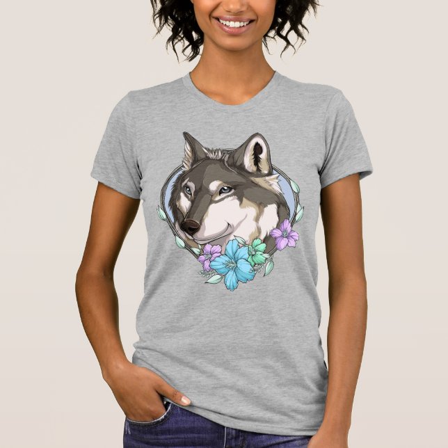 T-shirt Loup gris et fleurs illustrées (Devant)