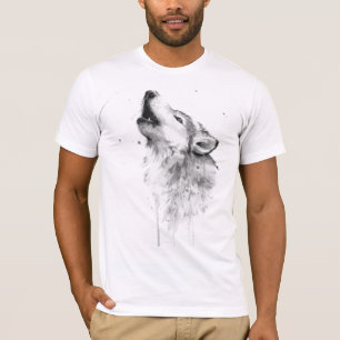 T-shirt Loup gris hurlant dans la peinture aquarelle