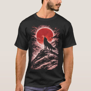 T-shirt Loup hurlant à la lumière de la lune rouge - Art j