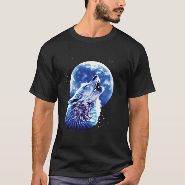 T-shirt Loup hurlant à la lune aime loups aquarelle mignon (Devant)