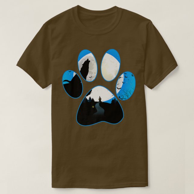 T-shirt Loup hurlant à la lune Bleu Chien Paw Halloween  (Design devant)