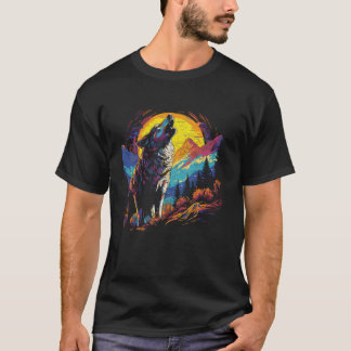 T-shirt Loup hurlant Sur La Lune Des Nuits Colorées