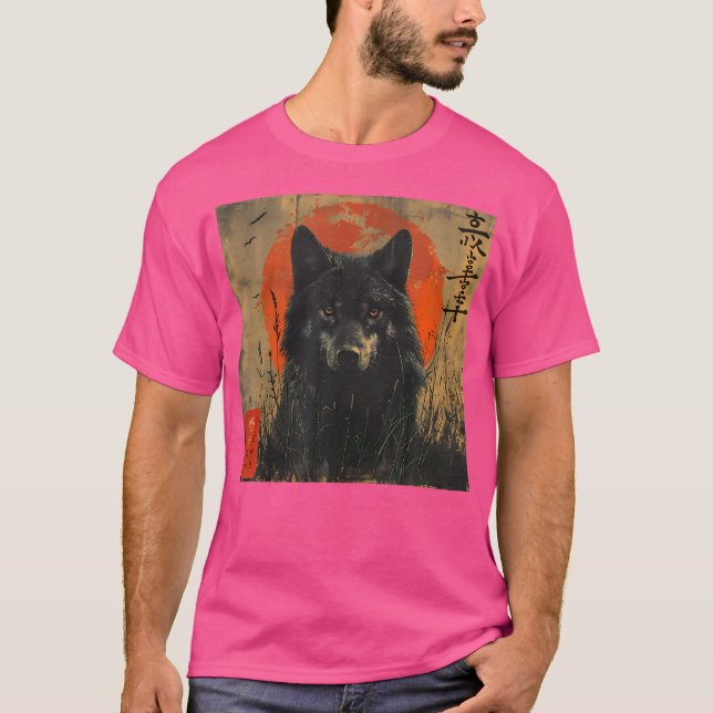 T-shirt Loup Japonais Et Lune Rouge Avec Art Kanji Japonai (Devant)