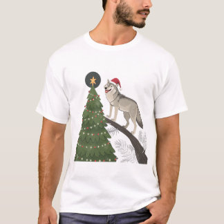 T-shirt Loup Noël Funny sapin de Noël portant le chapeau d