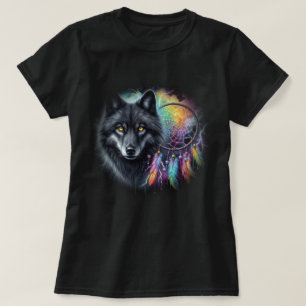 T-shirt Loup noir avec un catcheur de rêves