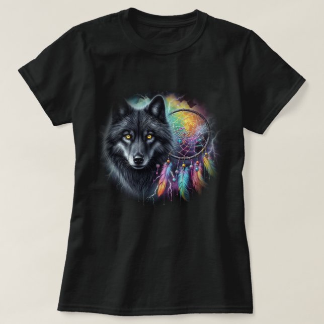 T-shirt Loup noir avec un catcheur de rêves (Design devant)