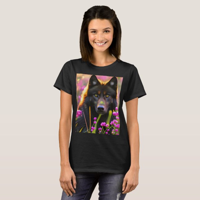 T-shirt loup noir en fleurs roses (Devant entier)